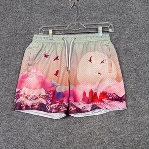 YoungLA Shorts Mens Small Multicolor Mountain Nature Scene Graphic Print Pull On